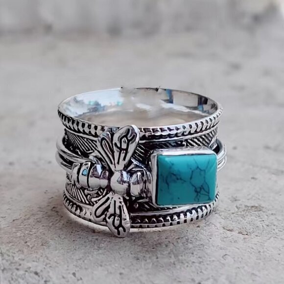 Bumble Bee with Faux Turquoise Stone Boho Band Ring #1193 - Picture 6 of 9